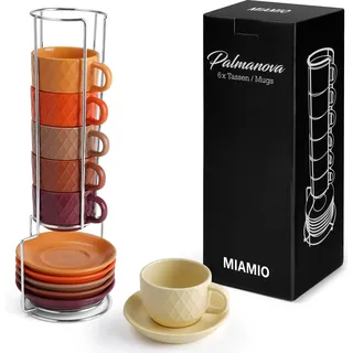 MIAMIO – 6 x 75 ml Espresso Tassen Set mit Ständer Steingut Keramik