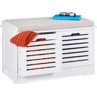 Relaxdays Sitzbank mit Stauraum, 2 Körbe, gepolsterte Küchenbank, Landhausstil, Sitzkommode, HxBxT 44 x 72 x 35 cm, weiß