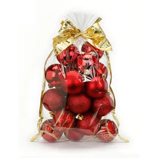 Weihnachtskugel Plastik rot Mix 6cm 20 Stück im Geschenkbeutel mit Schleife