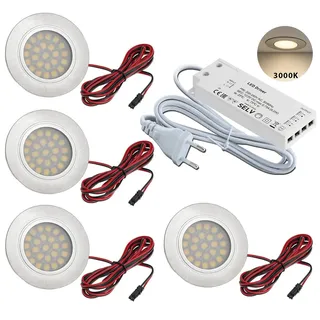 JungesLicht- 4x LED Möbel Einbaustrahler – für 55-60mm Bohrungen, ultra flach (10mm), 2Watt 12V 200Lumen, Warmweiß 3000K – Inkl. Trafo & Anschlusskabel – Einfache Steck-Montage, Möbelleuchte