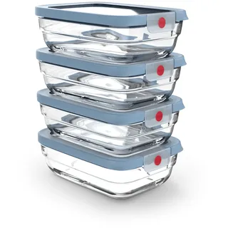 Emsa OneClick Glas Set 4-tlg. Lebensmittelaufbewahrungsboxen, Food Storage | OneClick System, ofenfest bis 420 °C, 100% auslaufsicher, mikrowellen- und spülmaschinengeeignet, 4x 1 Liter, Blau, N1240850