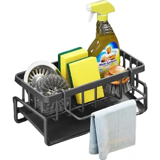 Küchenspüle-Organizer aus Edelstahl, Spülbecken-Caddy-Organizer mit abnehmbarem Tablett und Handtuchhalter, Küchenzubehör für Schwämme, Bürsten, Schwarz - Schwarz