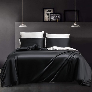 YASMENG Satin Bettwäsche 135x200 4teilig Schwarz Weiß Bettbezug Set Luxus Seide Bettwäsche Satin Glatt Glänzend Seidig Weich Satin Wendebettwäsche Set mit Reißverschluss und 2 Kissenbezüge 80×80 cm