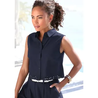 Blusentop LASCANA, Damen, Gr. 40, blau (navy), Web, Obermaterial: 49% Viskose, 43% Baumwolle, 8% Leinen, unifarben, gerade taillenbedeckt, Blusen Blusentop, mit Häkelapplikation, Leinenbluse, Sommertop, casual