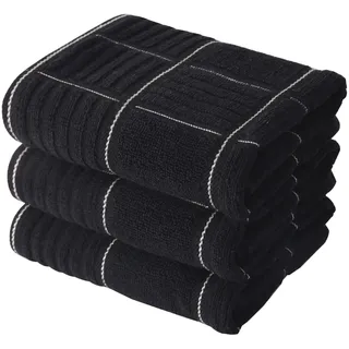 Anyi Küchentücher, strapazierfähig, saugfähig, Geschirrtücher mit Aufhängeschlaufe, 100% Baumwolle, Geschirrtücher (40,6 x 66 cm, 3 Stück) (schwarz)