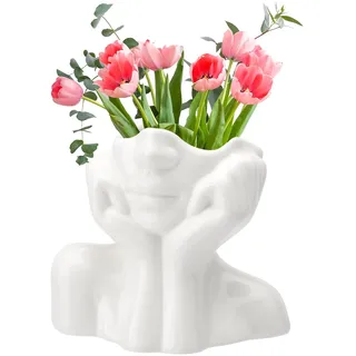 TNSLAND Blumenvase, Tulpenvase Keramikvase, 14 x 12.5 cm Blumentopf Kopf, Weiß, Mit Gesicht, Aesthetic Modern, Vasen Deko für Wohnzimmer Tischdekoration Schreibtisch