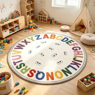 YJDRUG Runder Teppich Waschbar, 100cm Kinderteppich rutschfest ABC Augen | Waschbarer Spielteppich für Kinderzimmer & Babyzimmer. Weich, rutschfest, mit ABC-Rand und niedlichen Augen, Weiß.