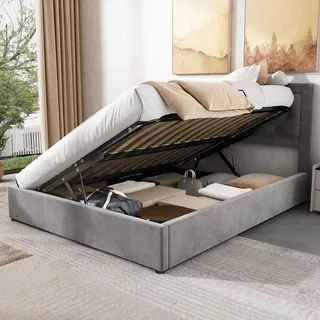 SOFTWEARY Stauraumbett, 140x200 cm, Bettgestell mit Aufbewahrung, Doppelbett, Polsterbett mit Kopfteil und Lattenrost, Bezug aus Samt - Grau