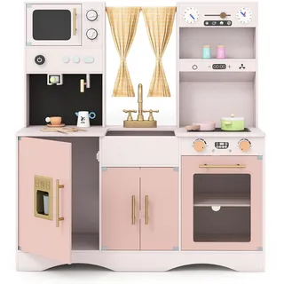 FANTASK Kinderküche Holz Mit Mikrowelle Kaffeemaschine&Backofen (Rosa)