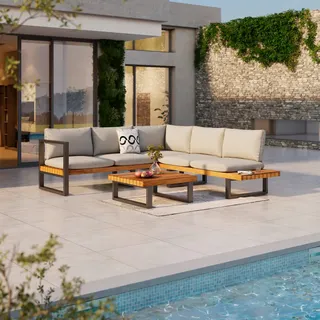 Ambia Garden Loungegarnitur , Grau, Teakfarben , Holz, Metall, Textil , Akazie , massiv , 234x216 cm , Bsci, FSC 100% , Gartenmöbel, Loungemöbel, Loungegarnituren