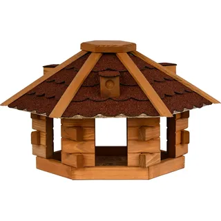 dobar® Vogelhaus Blockhaus 6-eckig mit Bitumendach - Vogelfutterhaus aus Holz wetterfest lasiert - Futterstation für Wildvögel stehend für Ständer - Rot