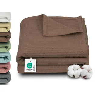 ZOLLNER Kuscheldecke in 150x200 cm - 100% Baumwolle - Zeitloses Waffelmuster - knitterarme und atmungsaktive Couchdecke in braun - waschbar bis 60°C – Hotelwäschequalität - Oeko Tex® Zertifiziert