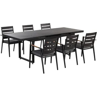 Beliani Gartenmöbel Set 7-teilig Schwarz Aluminium Ausziehtisch 180 / 240 x 90 cm Latten-Tischplatte Rechteckig mit 6 Stühlen Auflagen Grau Stape... - Schwarz/Grau/Braun