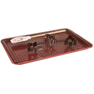 Generico 1 Keksform, Gitter, Spatel und 3 Keksblätter, Kohlenstoffstahl Silikon Holz 18/0 Edelstahl, rot red
