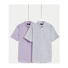 Mens M&S Collection 2pk Regular Fit Easy Iron Checked Short Sleeve Shirts - Lilac Mix, Lilac Mix - 18.5