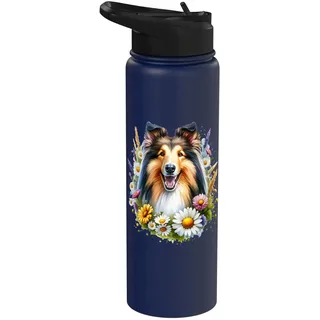 Collie Dog Sommer Wildblumen Gänseblümchen Kunstwerk Stainless Steel Insulated Water Bottle