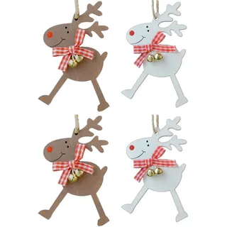 Set 4 Holz Weihnachtsbaum Deko Rehe Mit Glöckchen - Hängend Bunt