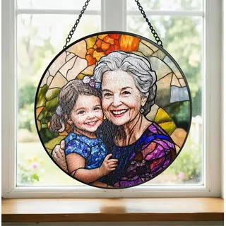 Personalisierte Glas Sonnenfänger mit Foto, Stained Glass Suncatcher Fensterdeko Hängend Kristall Prisma Anhänger mit Kette, Wasserdicht Garten Deko Geschenk für Oma Mama Papa Weihnachten Geschenke