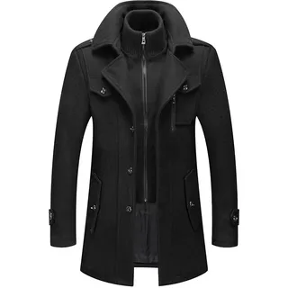 Herren Wintermantel, Slim Fit Zweiteiliger Mantel für Business und Freizeit, Wollmantel mit Stehkragen Peacoat und Warmer Integrierter Innenjacke, Herren, schwarz, 7XL - Schwarz