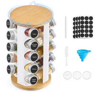 Songmics Gewürzregal drehbar, 20 Gewürzgläser, Gewürz-Organizer, Küchenschrank-Organizer, Gewürzständer mit Etiketten, Trichter, Marker und Bürste, mattweiß-naturbeige KCS255W101