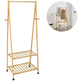 Avilia Vertikaler Kleiderständer mit 2 Ablagen und Rollen – Kleiderbügel für den Eingangsbereich mit Regalen und Haken, aus Bambus, 76,5 x 165 x 43,5 cm