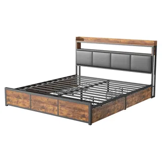 Doppelbett 160x200 cm - Metallbettgestell mit LED-Beleuchtung - 4 Schubladen - Kopfteil mit Stauraum - Industrial Stil Holz Metall - Braun