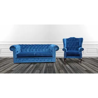 Sofagarnitur Chesterfield Polster Couch Sofa Textil Garnitur Ohrensessel - Blau