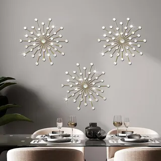 zexuiru Metall-Wanddeko mit Schmucksteinen, Bling-Kristall-Heimdeko, Stern-Sonne-Strass-Wandhänger mit Diamantakzenten, Vergoldet, 3er-Set