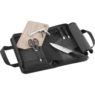 ZWILLING Vier Sterne Traveller Set/Messerset 7-tlg, für Camping, Set aus 3 Messer, Schneidbrett, Kellnermesser, Schere & Transporttasche, Schwarz