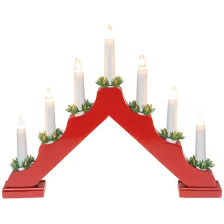 IDENA 31604 - LED Adventsleuchter mit 7 LED Kerzenlichtern in Warmweiß, Schwibbogen aus rot lackiertem Holz, mit Ersatzlampe und Schalter, Deko für Innen, als Winter-, Advents- und Weihnachtsdeko