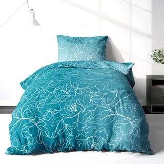 LINKHOFF Biber Bettwäsche Set 2tlg 135 x 200cm - Winterbettwäsche Blumen Ranken-Motiv in Türkis Weiß - Fein-Biber 100% Baumwolle - 1x135x200 + 1x 80x80cm