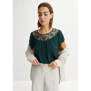 Spitzenbluse BONPRIX "Bluse aus reiner Viskose", Damen, Gr. 54, grün (tiefgrün), Crêpe, Obermaterial: 100% Viskose, unifarben, figurumspielend hüftbedeckend, Rundhals, Raglanärmel, Blusen Spitzenbluse, bequeme Passform, Crêpe aus Viskose, mit tollem Spitzeneinsatz