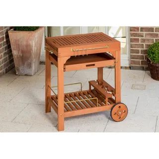 Gardenson Garten-Servierwagen , Naturfarben , Metall , Eukalyptusholz , massiv , rechteckig , eckig, Rollen , 75x84x75 cm , FSC Mix , ausziehbar, Flaschenfach, herausnehmbares Tablett, offenes Fach, einfacher Aufbau , Gartenmöbel, Gartentische, Garten-Beistelltische