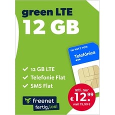 freenet green LTE 12 GB – Handyvertrag 24 Monate im Telefonica Netz mit Internet Flat, Flat Telefonie und EU-Roaming – Aktivierungscode per E-Mail