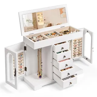 Emfogoo Schmuckkästchen für Damen, 6 Ebenen Rustic Aufbewahrungsbox, Groß Holz Schmuckaufbewahrung mit Spiegel, Schmuckkasten Organizers für Ringe, Ohrringe, Armbänder, Halsketten (Weiß)