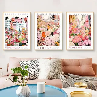 3 Pcs Flower Market Poster Set, Vintage Abstrakte Rosa Blumen Stadtbild Bilder, Wandbilder Wohnzimmer Deko Schlafzimmer, Wanddeko Leinwand Kunstdruck Aesthetic Bilder, Ohne Rahmen (50x70cm,ABC)