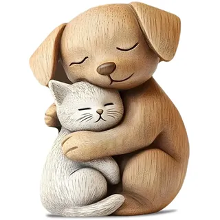 Yoljun 2D Holz-Katzenpaar-Figur, Katzen Deko, Holz Deko, Katzenskulptur, Kleine Holzfiguren Für Zuhause und Büro, Einzigartiges Katzen Geschenk für Katzenliebhaber (Braun Hund)