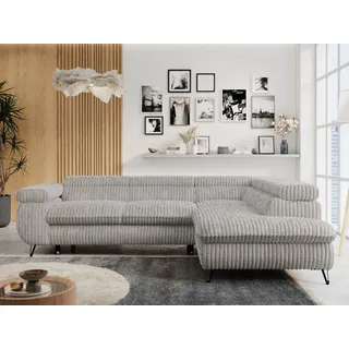 MKS Meble Ecksofa Sofa Grau, Wohnlandschaft L-Form mit Schlaffunktion und Bettkasten, Schlafsofa mit Bettkasten, Sofa mit Einstellbare Kopfstützen, Peter L - Hellgrau Cord - Rechts Grau - Grau