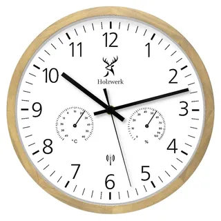 Holzwerk Germany Holzwerk WEGBERG Funk Wanduhr Temperaturanzeige Hygrometer Feuchtigkeitsmesser Holz-Uhr Funkuhr lautloses Uhrwerk ohne Tickgeräusche Braun Buche Weiß lautlos Massivholz 30 cm (Buche)
