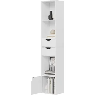 Wandregal, stehender Schrank mit Lade und Tür, für Wohnzimmer, Schlafzimmer, Büro, weiß, 30 x 158 x 24 cm - Weiß