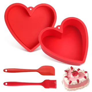 Megcdtr Silikon Backform Herz, 2 Stück Silikon Herzbackform 8 inch mit Bürste und Schaber, Antihaft Herzform Backform, Herz Kuchen Silikonform für Kuchen Pudding und Gelee zu Schaffen(Rot)