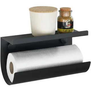 WENKO Küchenrollenhalter Jet aus Metall 30 x 15 x 12 cm mit Ablage, zum Bohren, alternativ Befestigung mit Static-Loc® Plus Adaptern (inkl.) ohne Bohren, Schwarz, Befestigungsmaterial enthalten