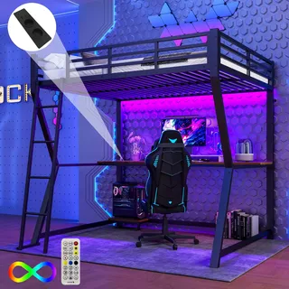 Sweiko Hochbett, 140x200cm , Mit LED-Leuchten, Computerkonsolenablage, Schreibtisch, Steckdose+USB, Geländer, Treppe, ohne Matratze, Schwarz - Schwarz