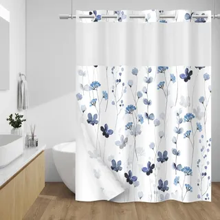 WITHLOC Duschvorhang ohne Haken mit Einrasteinsatz – Aquarell Floral Duschvorhang – Stoff wasserdichtes Innenfutter, Pflanzen, Blaue Blumen, weiße Tuch-Duschvorhänge – maschinenwaschbar, 180 x 188 cm