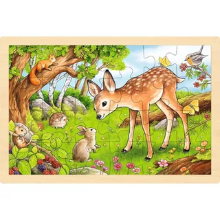 goki 57325 - Einlegepuzzle Rehkitz und Waldbewohner aus Holz– Fördert Fantasie und Feinmotorik bei Kindern, 30cm x 20cm, 24-er Set, ab 3 Jahre