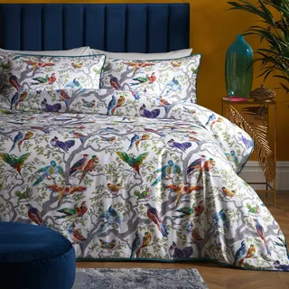 Laurence Llewelyn-Bowen Mehrfarbiger Bettbezug mit Vögeln – Super-Kingsize-Bettwäsche (260 x 220 cm) – weicher 100% Baumwollsatin – 2 Kissenbezüge – Fadenzahl 200 – Luxus-Bettwäsche