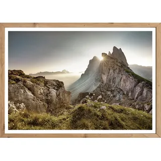 Bild mit Rahmen BÖNNINGHOFF "Wandbild gerahmt BERGE SONNENAUFGANG 50x70 cm – Landschaftsbild Alpen", blau (farbe rahmen: artisan, farbe bild(er): blau, grün, gelb, weiß, lila, rosa), B:50cm H:70cm T:2,1cm, MDF, Papier, Bilder, Bild mit Rahmen, mit dekorativem Rahmen