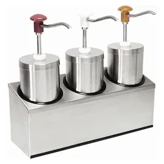 SCHNEIDER Dosierspender, rund, Saucendosierer mit praktischem Druckknopf-Dosierspender, Maße: H 335 x B 440 x T 145 mm, Ø 117 mm, 3-fach, 2,25 l