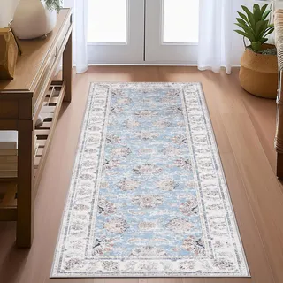 TOPICK Teppich Wohnzimmer Waschbar Superdünne Vintage Blumen Läufer Kurzflor Lang Küche Schlafzimmer Wohnzimmer Mädchen Floral Blau 60x210cm Teppichläufer Antirutschunterlage Zusammenklappbar