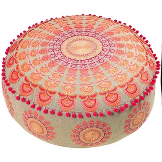 Mandala Life ART Bodenkissen Groß Mit Ponpon Boho Chic Rosa Bodenhocker Rund Sitzkissen Hoch Runder Hocker Pouf Hoch Boho Osmanische Deko 100% Baumwolle Ungefüllt 60X20Cm